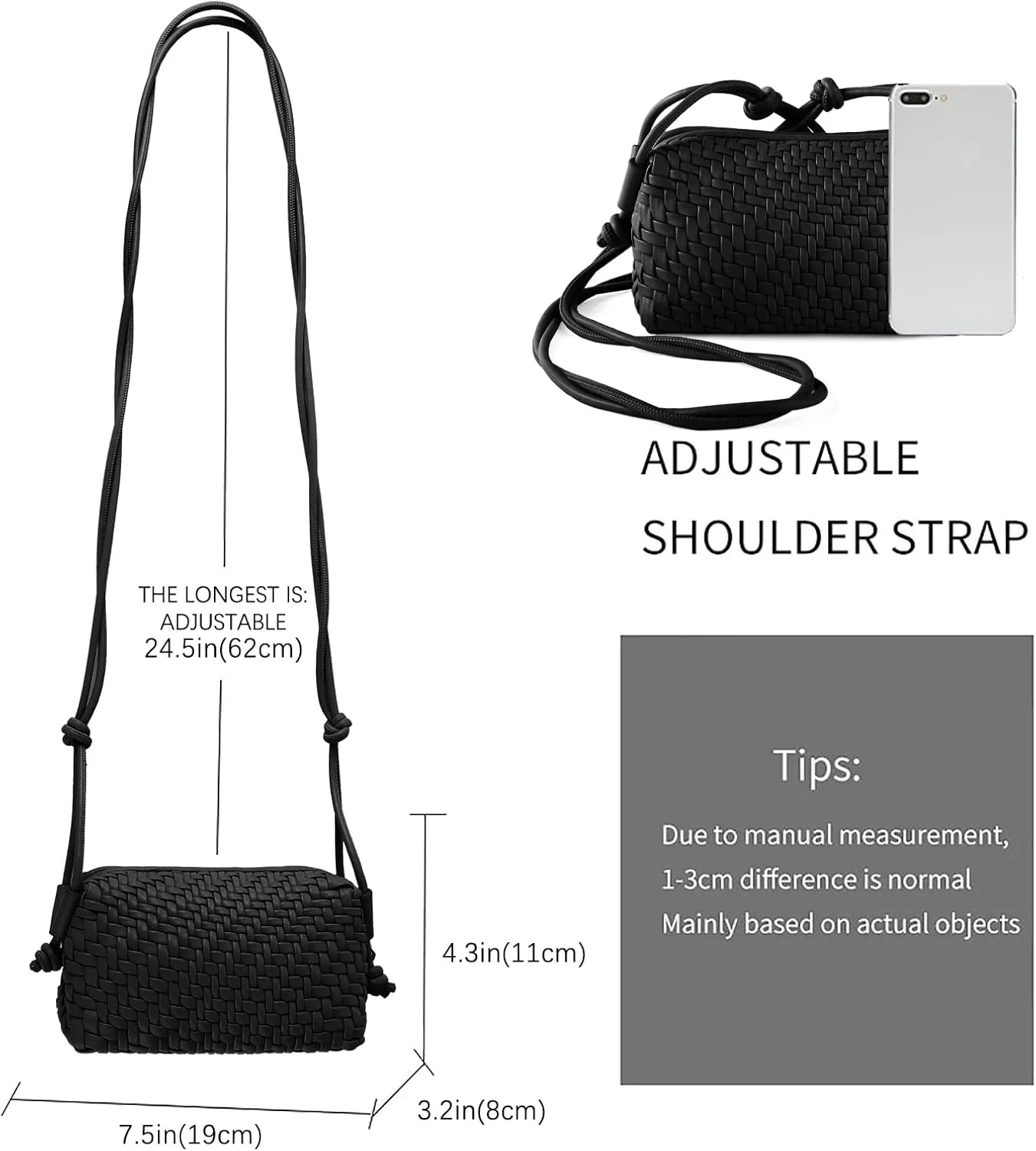 Woven Crossbody Bag Clutch Purse for Women,Small Vegan Leather Handmade Shoulderbag Handbag with Strap,Zipper Closure