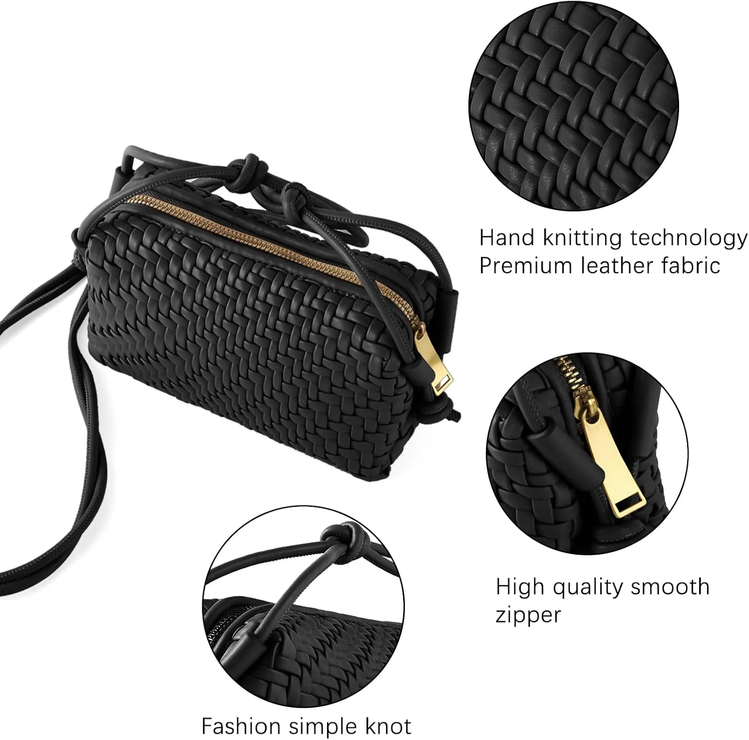 Woven Crossbody Bag Clutch Purse for Women,Small Vegan Leather Handmade Shoulderbag Handbag with Strap,Zipper Closure