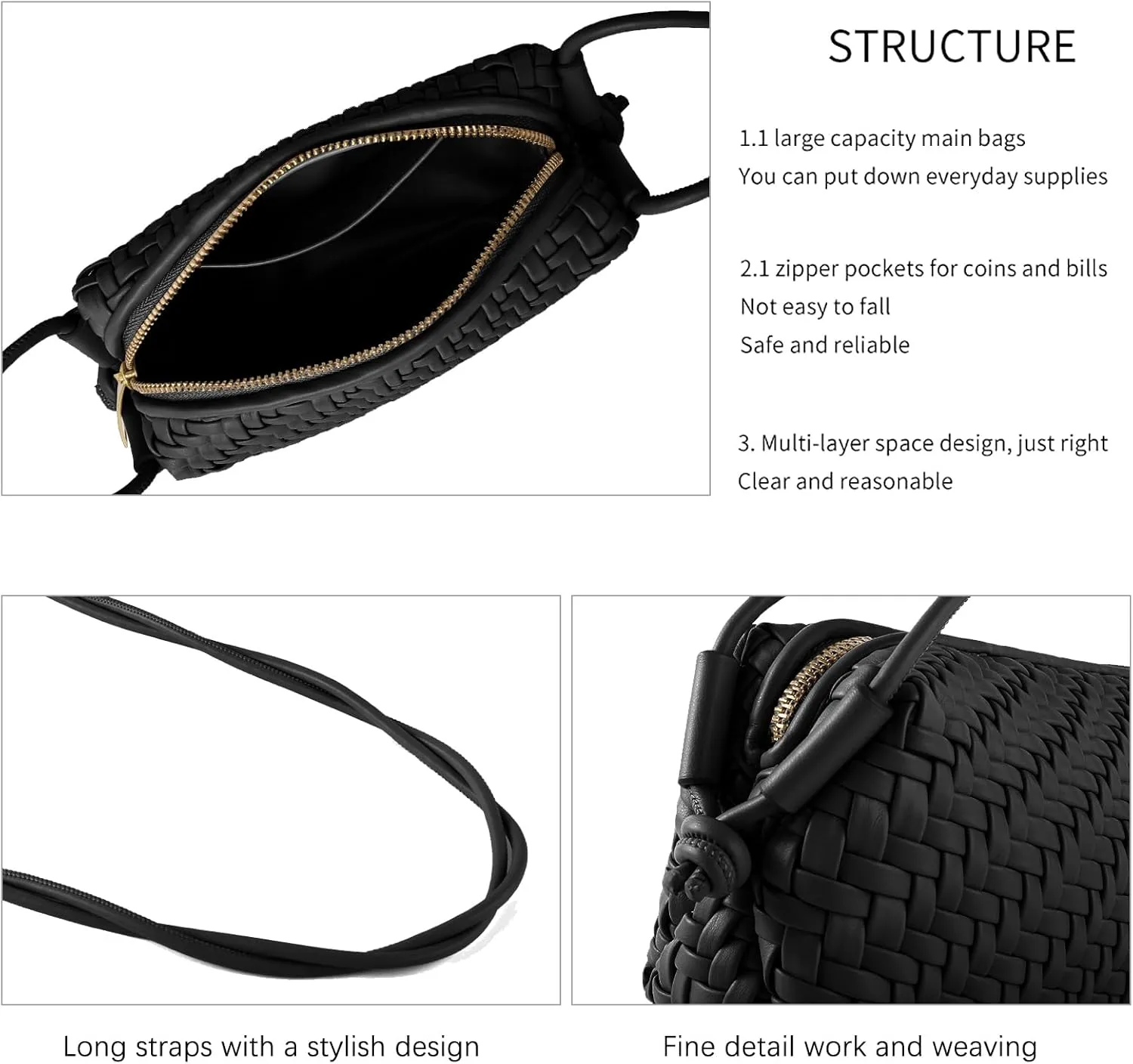 Woven Crossbody Bag Clutch Purse for Women,Small Vegan Leather Handmade Shoulderbag Handbag with Strap,Zipper Closure