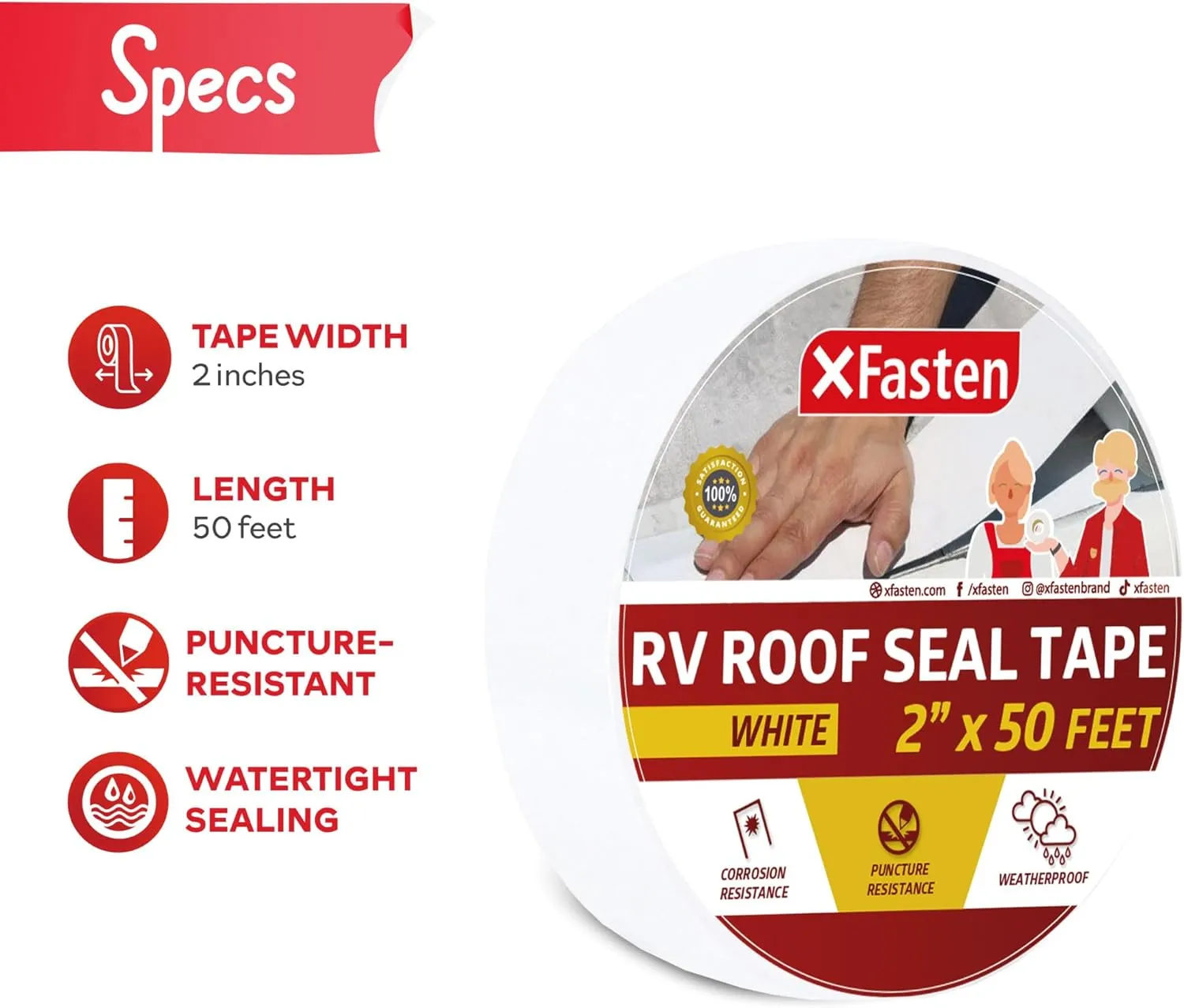 XFasten RV Roof Repair Tape White, 2 Inch x 50 Feet, Waterproof Mess-Free Sealant Tape for Camper Roof, RV Rubber Patch, Trailer, Vent, Skylight, and Boat Sealing – Super Strong UV-Resistant Adhesion
