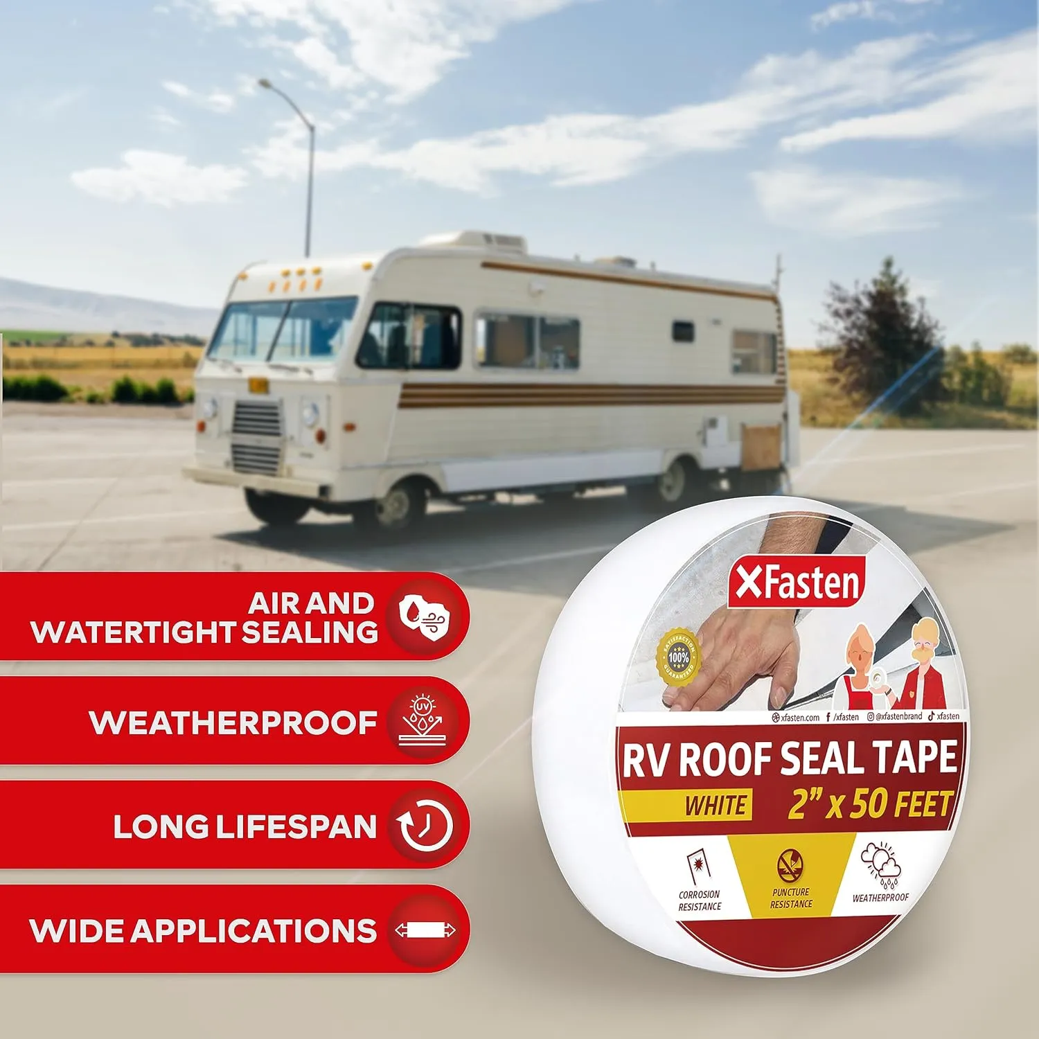 XFasten RV Roof Repair Tape White, 2 Inch x 50 Feet, Waterproof Mess-Free Sealant Tape for Camper Roof, RV Rubber Patch, Trailer, Vent, Skylight, and Boat Sealing – Super Strong UV-Resistant Adhesion