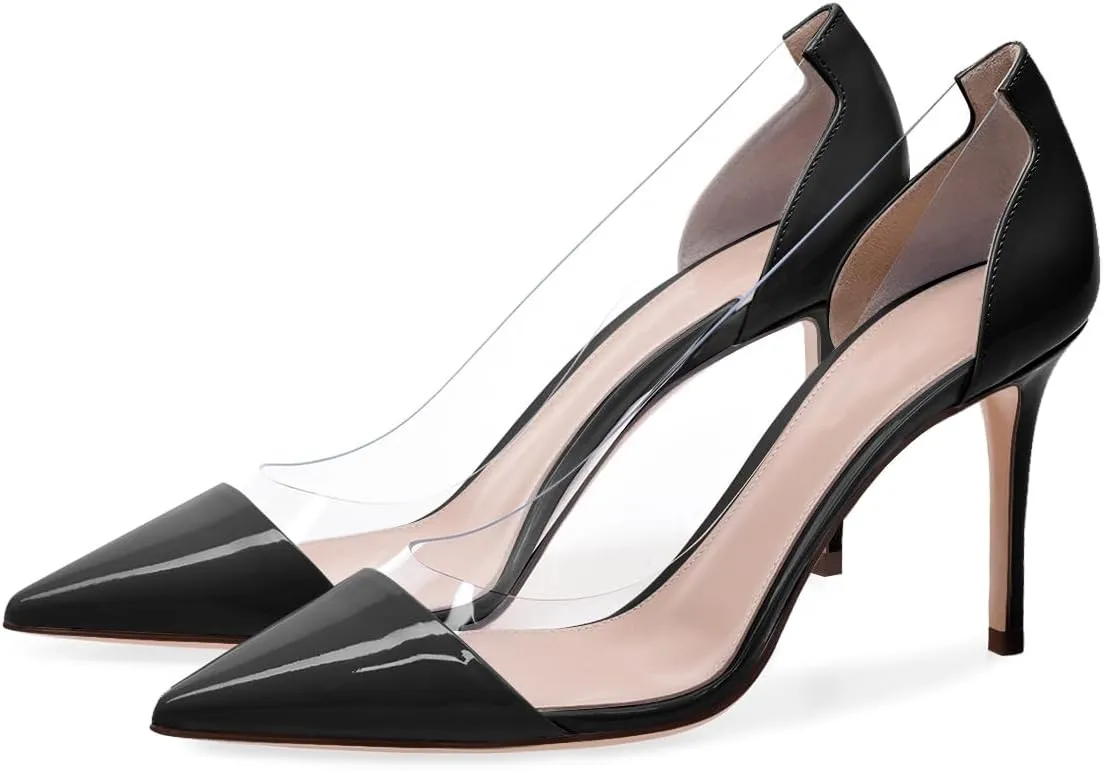 XINIUNIU Clear Heels for Women Transparent Pointed Toe Stiletto Pumps Slip On Closed Toe 4 Inch Bridal Evening Wedding Party Sexy Dress Shoes