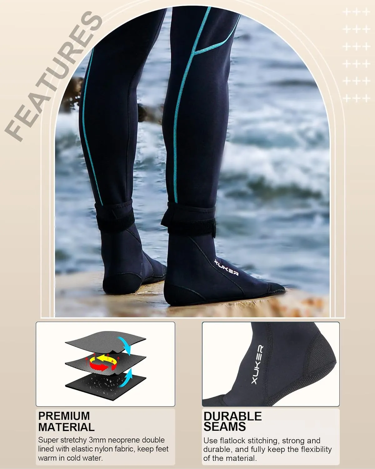 XUKER Neoprene Water Socks 3mm, Sand Proof Beach Volleyball Socks Diving Socks for Outdoor Water Sports