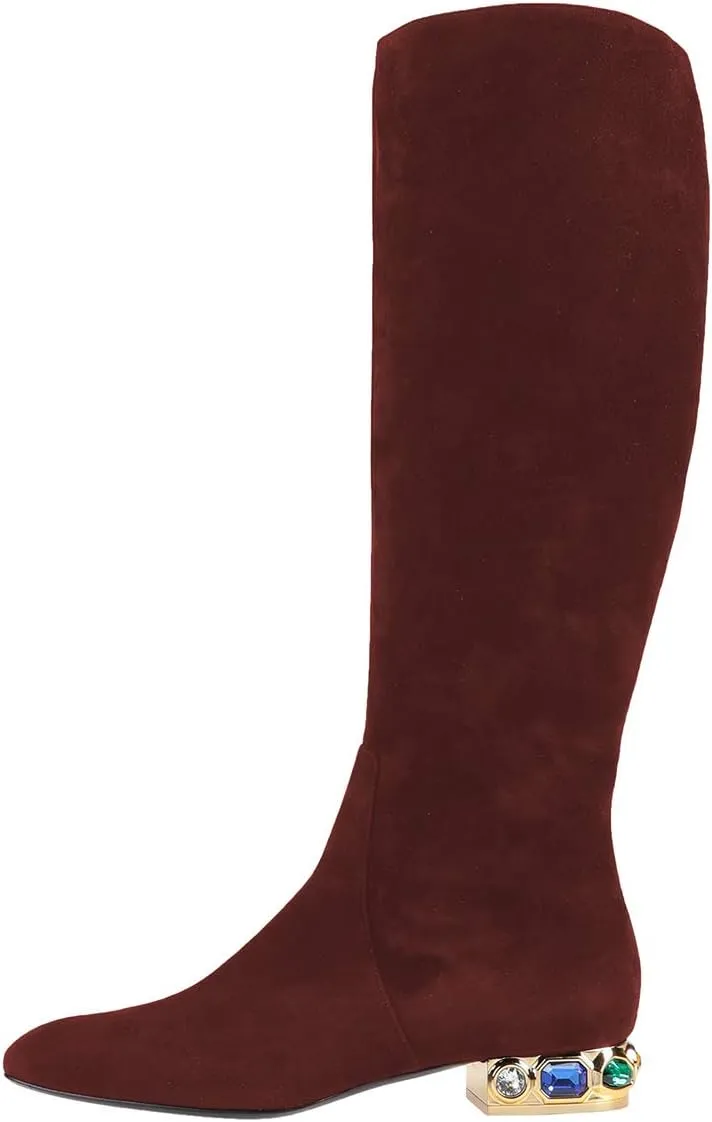 XYD Women Classic Knee High Boots, Rhinestone Heel, Side Zip Up, Almond Toe, Winter Walking Shoes, Wide Calf