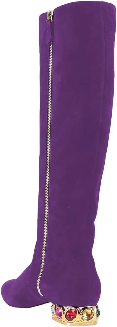 XYD Women Classic Knee High Boots, Rhinestone Heel, Side Zip Up, Almond Toe, Winter Walking Shoes, Wide Calf