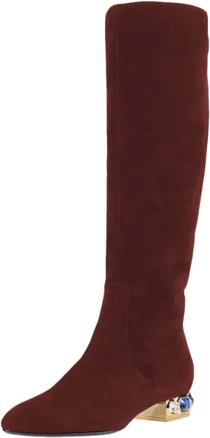 XYD Women Classic Knee High Boots, Rhinestone Heel, Side Zip Up, Almond Toe, Winter Walking Shoes, Wide Calf