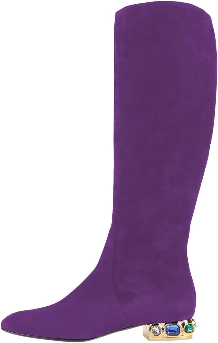XYD Women Classic Knee High Boots, Rhinestone Heel, Side Zip Up, Almond Toe, Winter Walking Shoes, Wide Calf