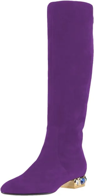 XYD Women Classic Knee High Boots, Rhinestone Heel, Side Zip Up, Almond Toe, Winter Walking Shoes, Wide Calf