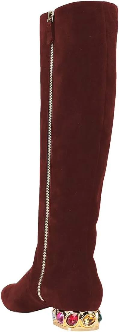 XYD Women Classic Knee High Boots, Rhinestone Heel, Side Zip Up, Almond Toe, Winter Walking Shoes, Wide Calf