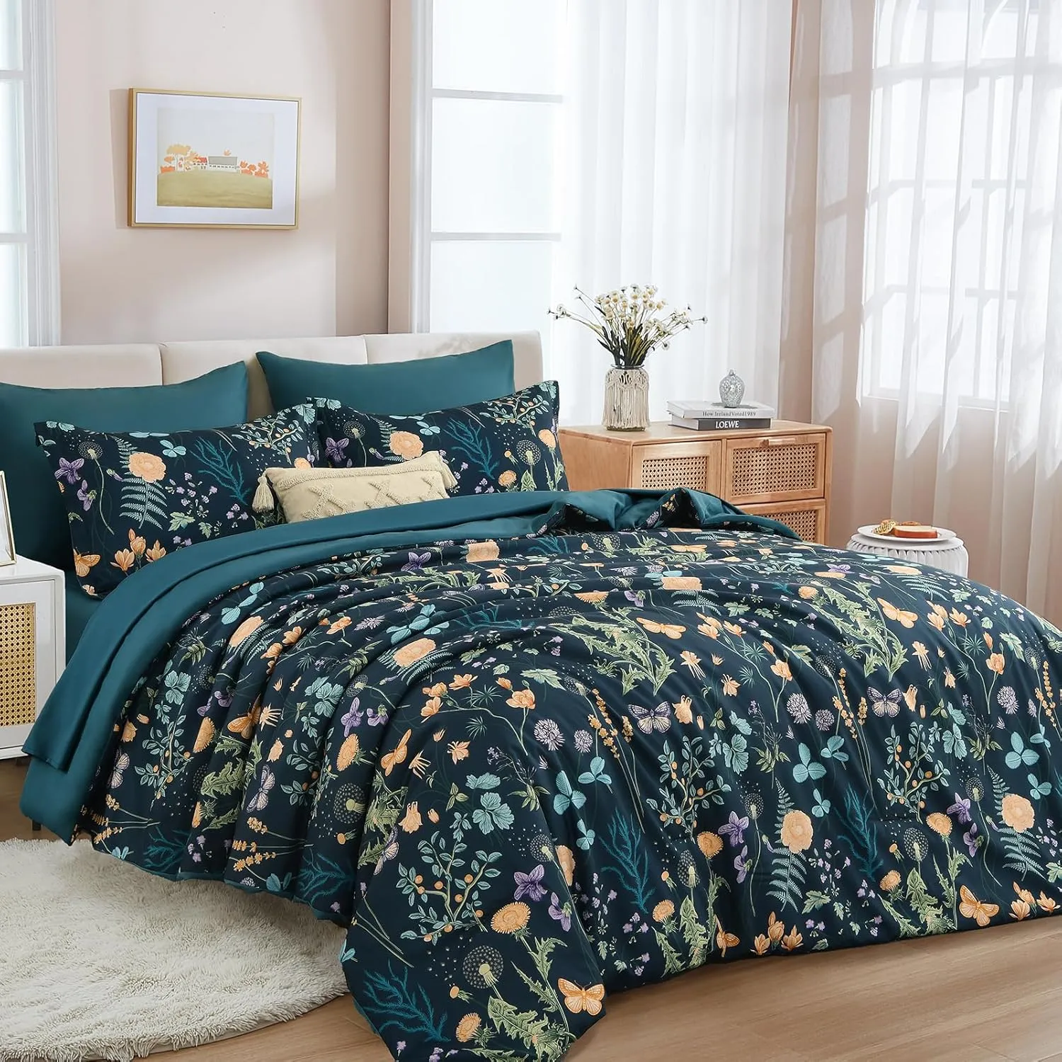 Yiran 7 Piece Peacock Blue Floral Comforter Set King Size, Botanical Flowers Comforter Bedding Set, Bed in a Bag King, Soft Microfiber Complete Bedding Set with Sheets for All Season