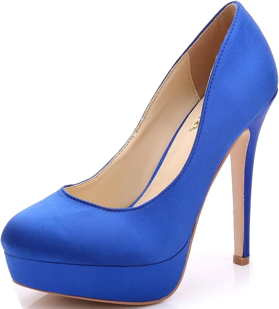 YooPrettyz Women Round Toe Wedding Pumps Platform Satin Stiletto Slip On Evening Heels