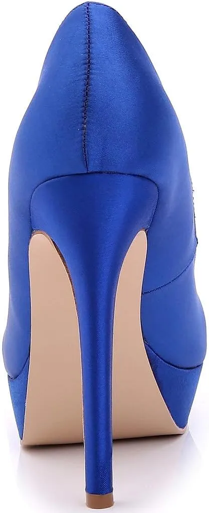 YooPrettyz Women Round Toe Wedding Pumps Platform Satin Stiletto Slip On Evening Heels