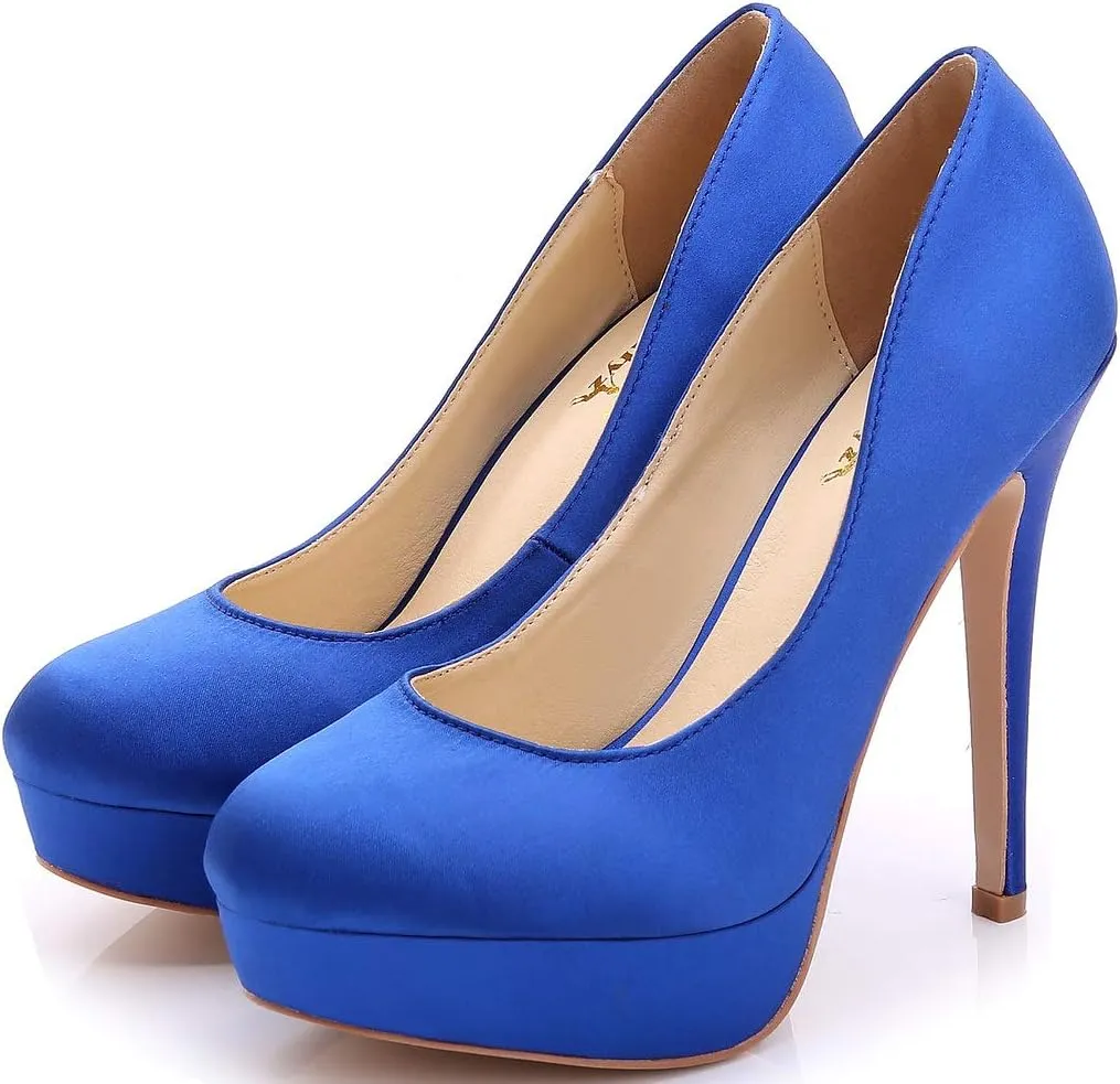 YooPrettyz Women Round Toe Wedding Pumps Platform Satin Stiletto Slip On Evening Heels