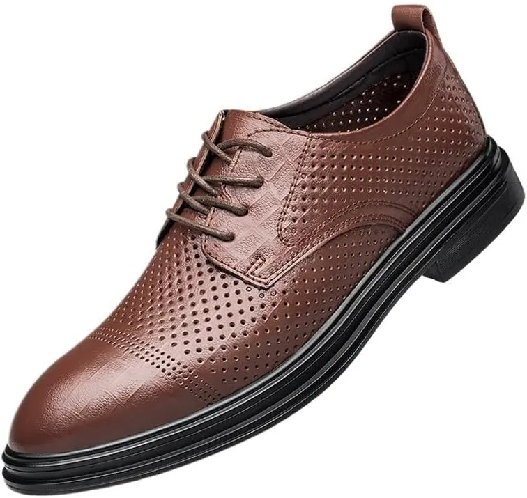 YZABEL Men's Leather Flat Lace Up Dress Oxford Shoes, Summer Pointed Toe Breathable Stylish Business Casual Shoes, Soft-Soled Non-Slip for Formal and Everyday Wear