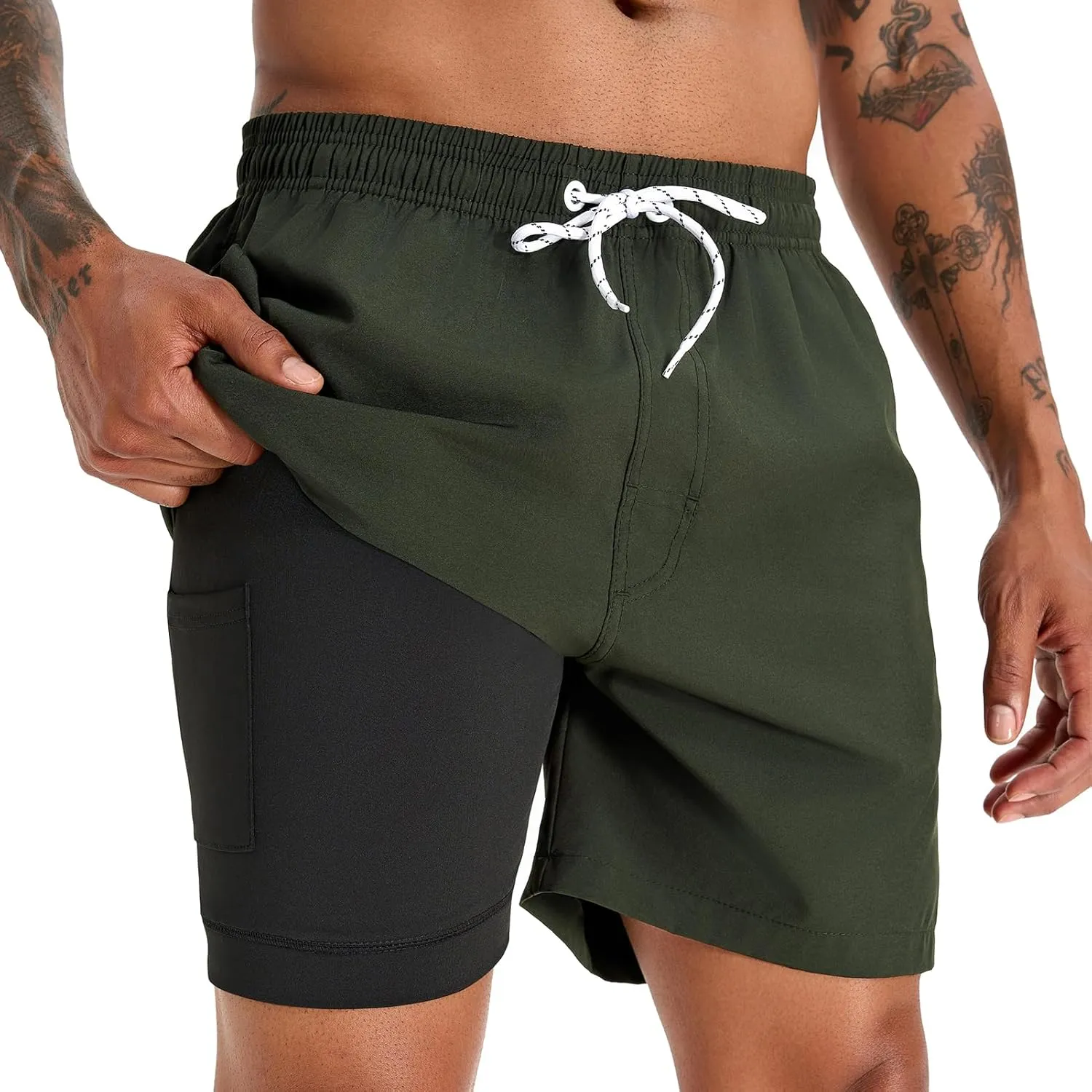 zeetoo Mens Swim Trunks with Compression Liner 5.5" Inseam Quick Dry Swim Shorts