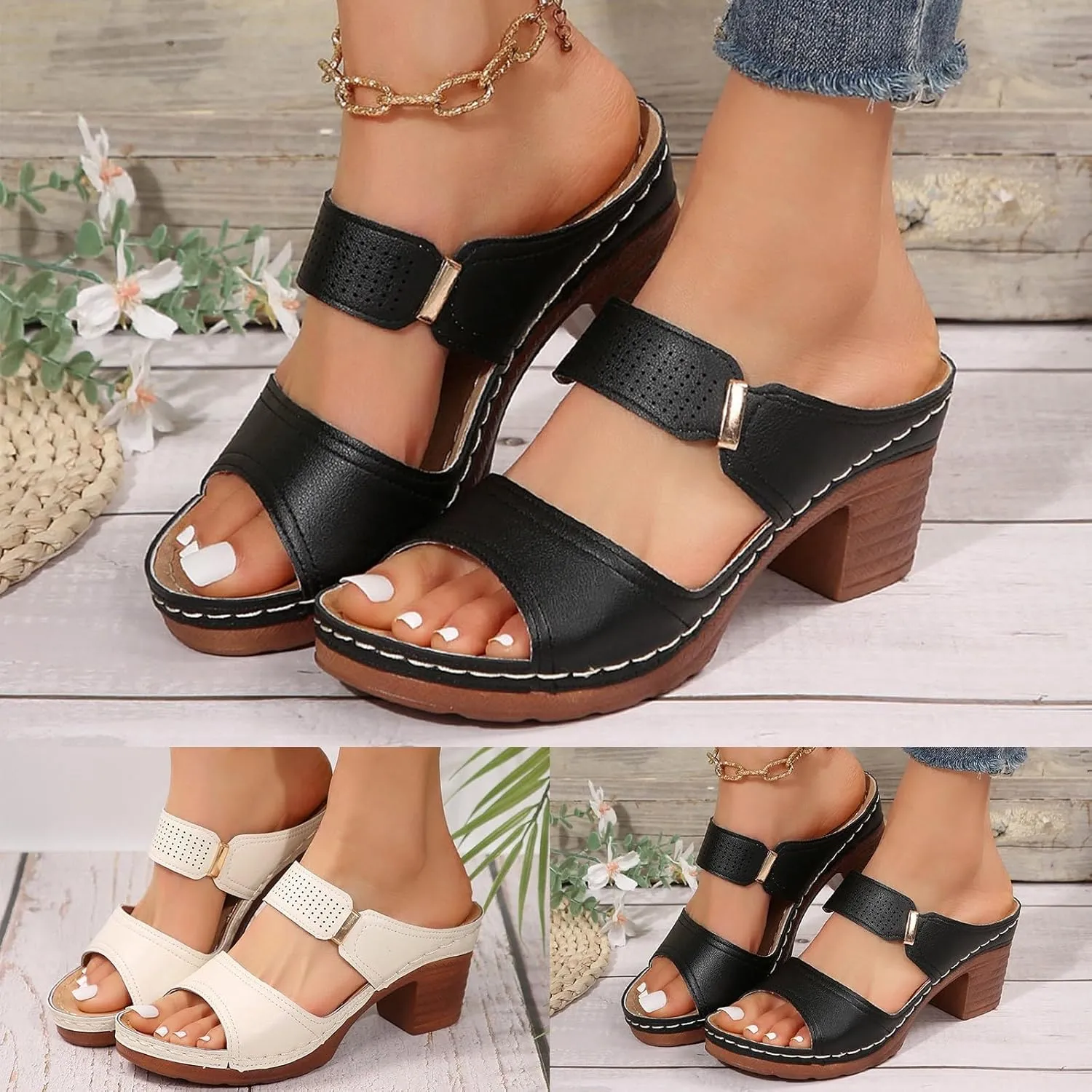 ZSpzx Summer Sandals For Women 2025,Women's Heeled Open Toe Heels Backless Mules Slip On Block Womens Mid Ankle Sandal Comfortable Casual Slippers Low Chunky Heel Strap Walking Shoes for Daily Wear