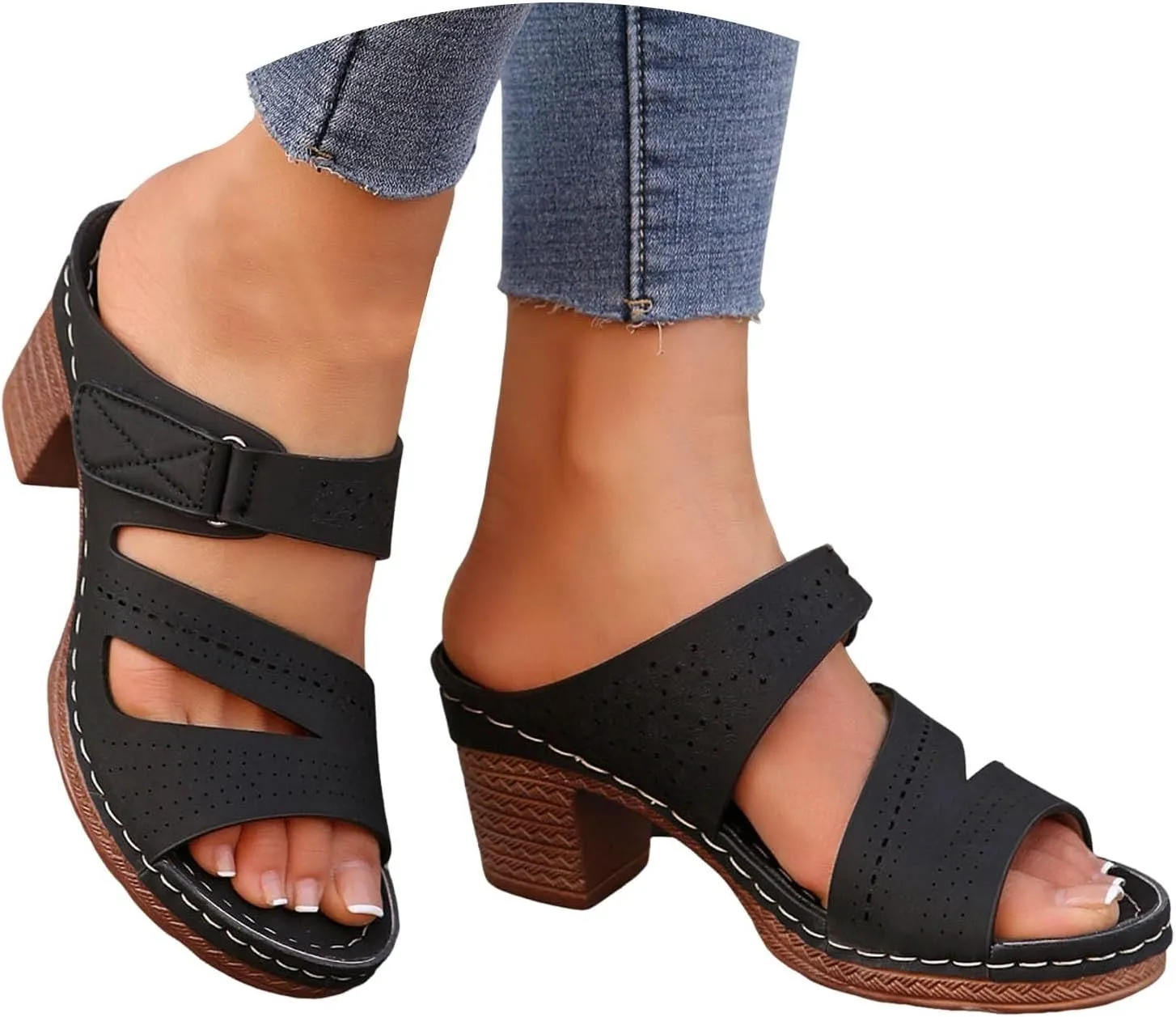ZSpzx Summer Sandals For Women 2025,Women's Heeled Open Toe Slip On Block Womens Chunky Mid Heels Slippers Low Backless Mules Slide Ankle Strap Sandal Casual Comfortable Adjustable Walking Shoes