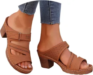ZSpzx Summer Sandals For Women 2025,Women's Heeled Open Toe Slip On Block Womens Chunky Mid Heels Slippers Low Backless Mules Slide Ankle Strap Sandal Casual Comfortable Adjustable Walking Shoes