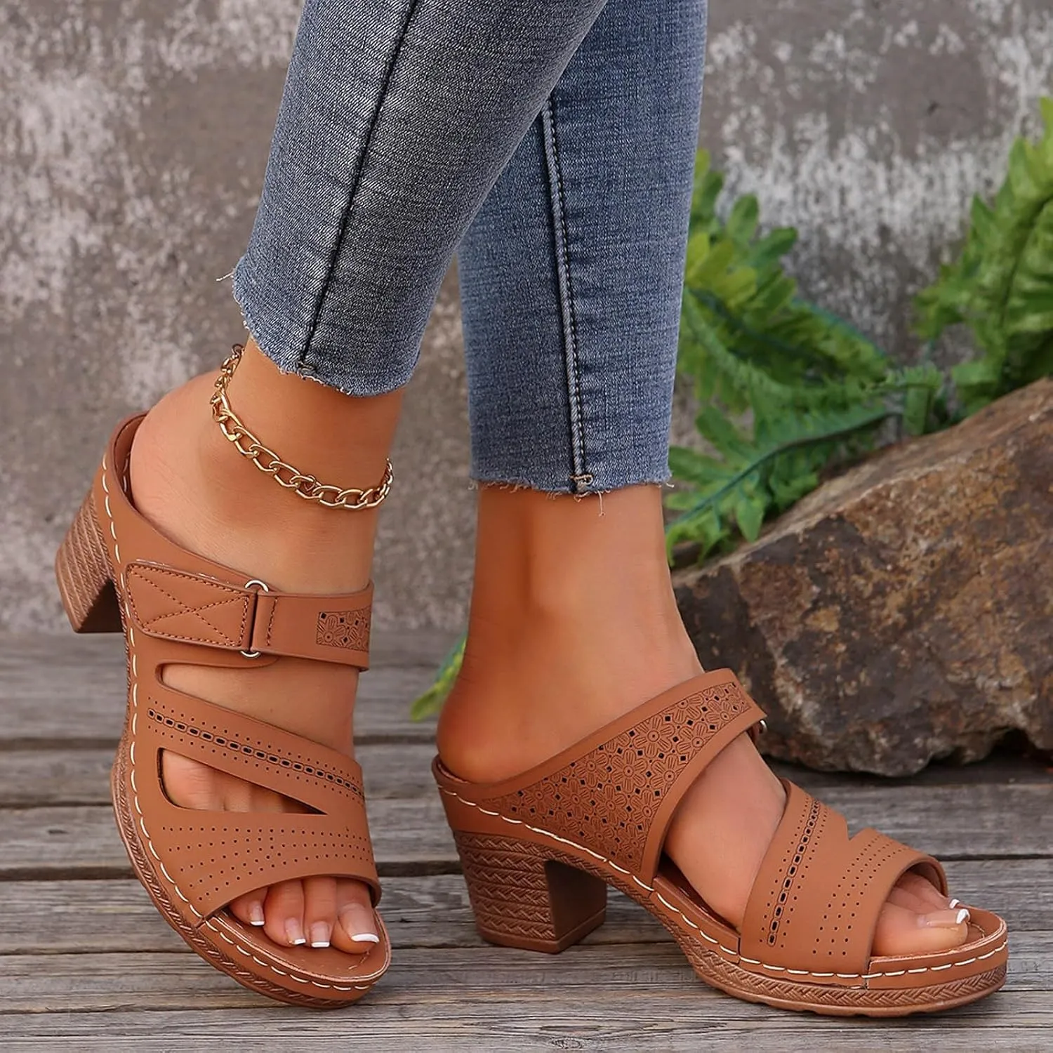 ZSpzx Summer Sandals For Women 2025,Women's Heeled Open Toe Slip On Block Womens Chunky Mid Heels Slippers Low Backless Mules Slide Ankle Strap Sandal Casual Comfortable Adjustable Walking Shoes