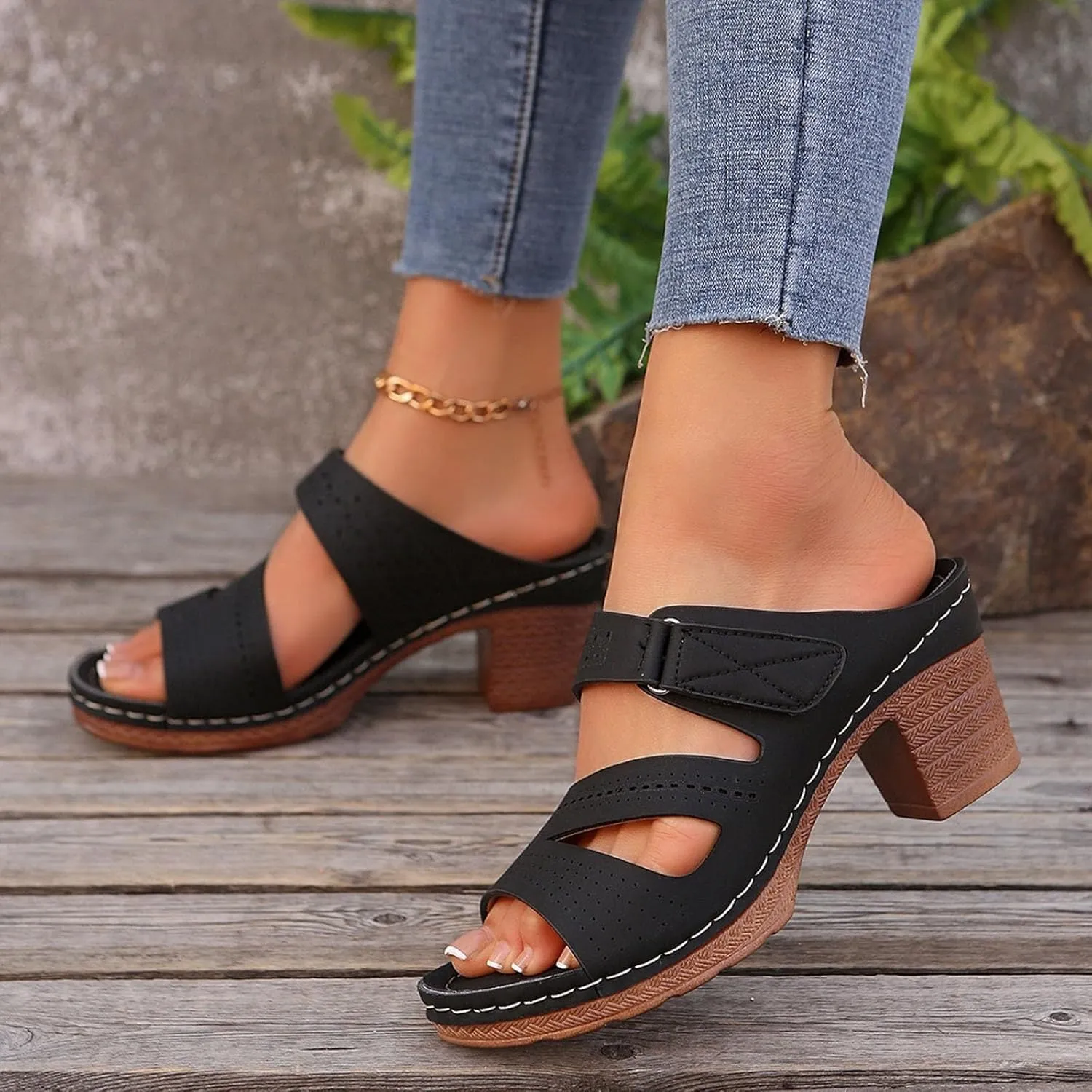 ZSpzx Summer Sandals For Women 2025,Women's Heeled Open Toe Slip On Block Womens Chunky Mid Heels Slippers Low Backless Mules Slide Ankle Strap Sandal Casual Comfortable Adjustable Walking Shoes