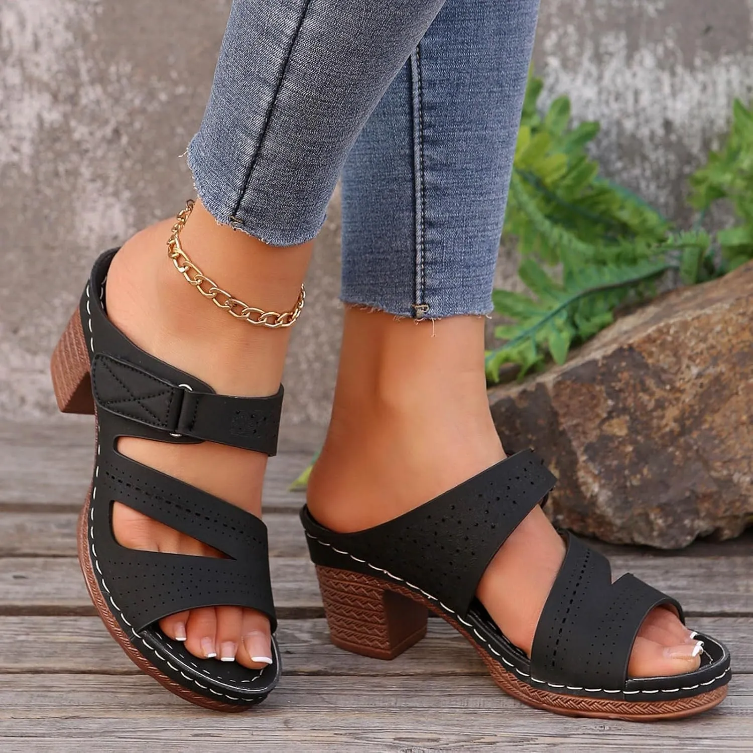ZSpzx Summer Sandals For Women 2025,Women's Heeled Open Toe Slip On Block Womens Chunky Mid Heels Slippers Low Backless Mules Slide Ankle Strap Sandal Casual Comfortable Adjustable Walking Shoes