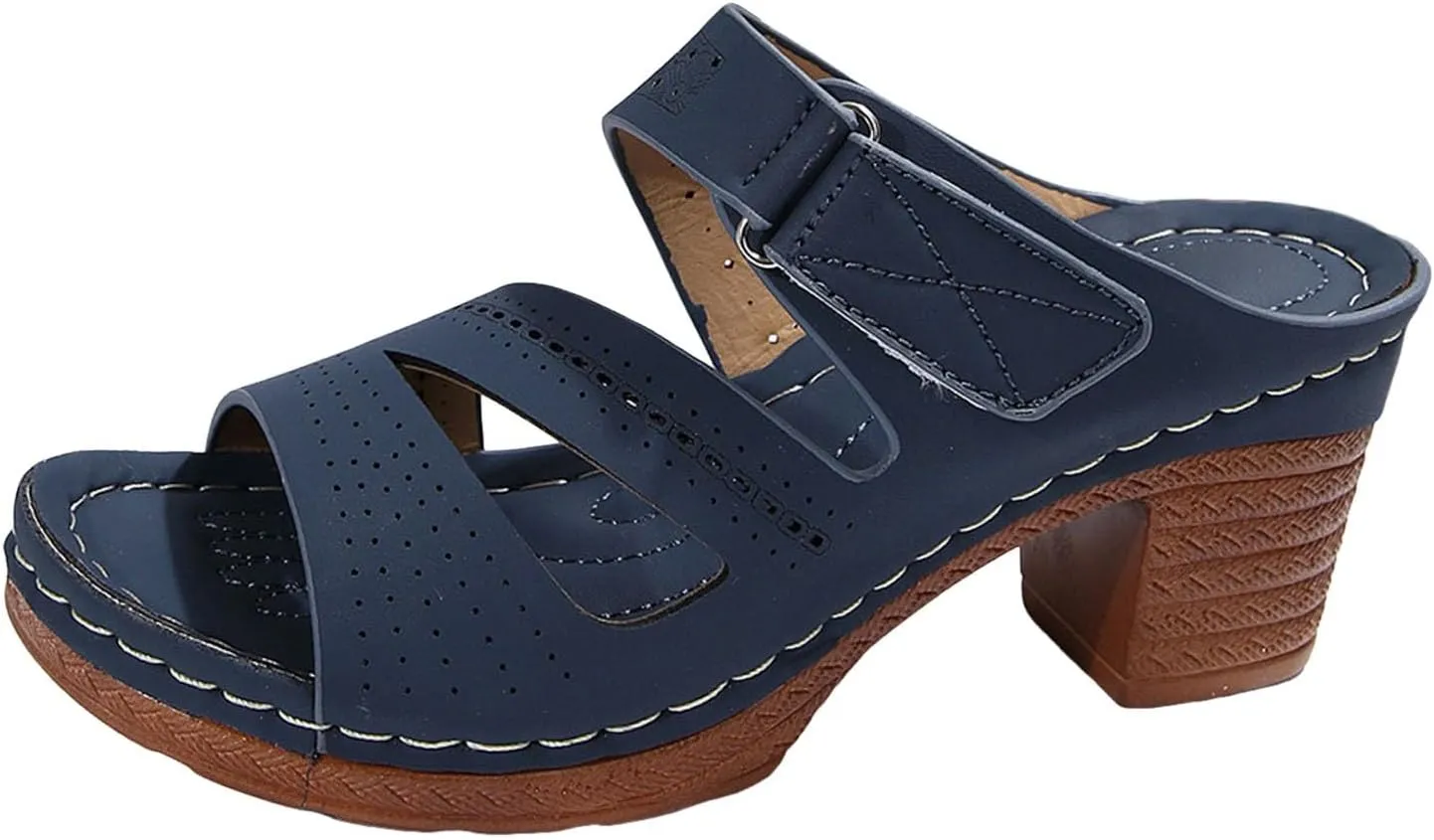ZSpzx Summer Sandals For Women 2025,Women's Heeled Open Toe Slip On Block Womens Chunky Mid Heels Slippers Low Backless Mules Slide Ankle Strap Sandal Casual Comfortable Adjustable Walking Shoes