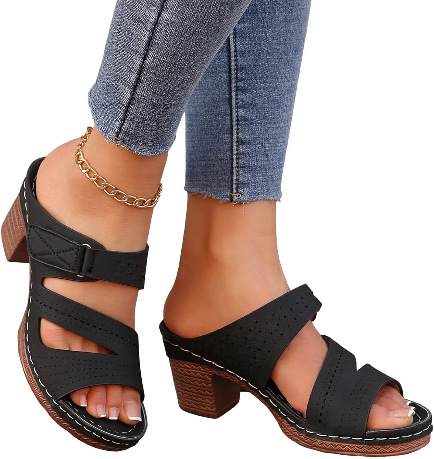ZSpzx Summer Sandals For Women 2025,Women's Heeled Open Toe Slip On Block Womens Chunky Mid Heels Slippers Low Backless Mules Slide Ankle Strap Sandal Casual Comfortable Adjustable Walking Shoes