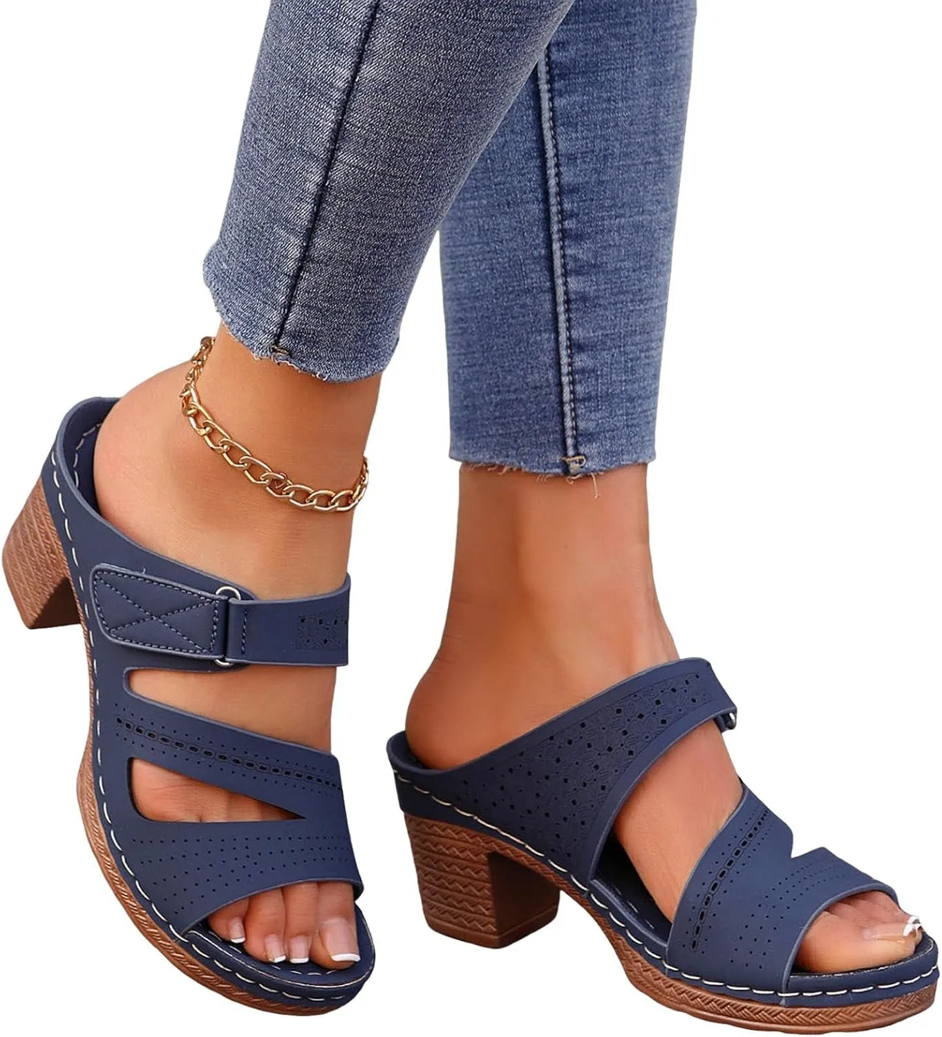 ZSpzx Summer Sandals For Women 2025,Women's Heeled Open Toe Slip On Block Womens Chunky Mid Heels Slippers Low Backless Mules Slide Ankle Strap Sandal Casual Comfortable Adjustable Walking Shoes