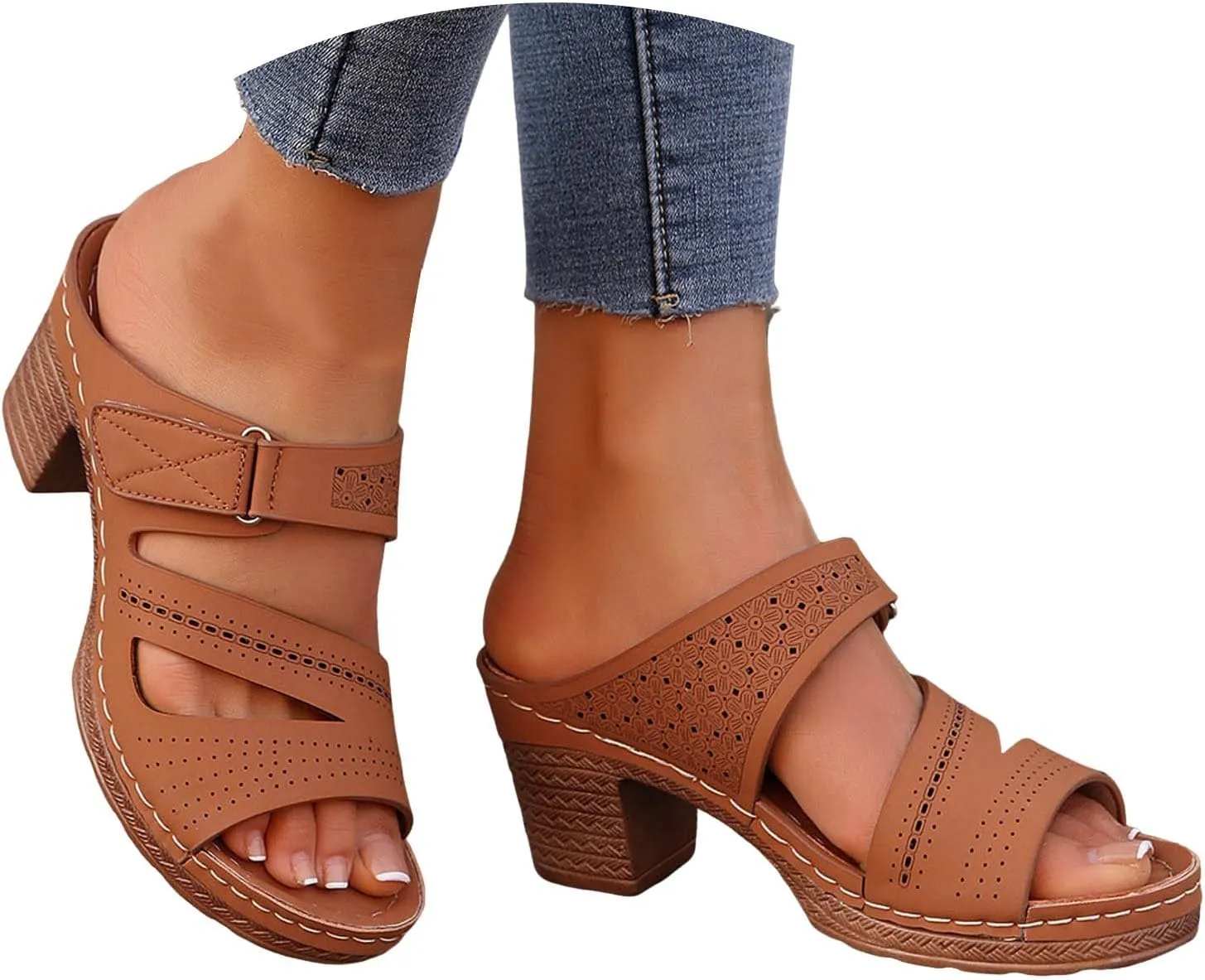 ZSpzx Summer Sandals For Women 2025,Women's Heeled Open Toe Slip On Block Womens Chunky Mid Heels Slippers Low Backless Mules Slide Ankle Strap Sandal Casual Comfortable Adjustable Walking Shoes