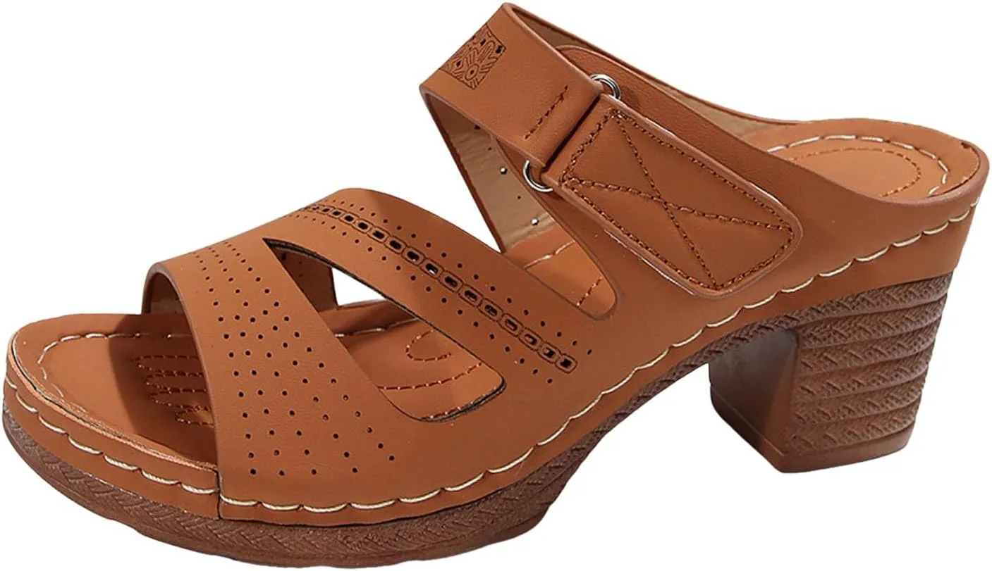 ZSpzx Summer Sandals For Women 2025,Women's Heeled Open Toe Slip On Block Womens Chunky Mid Heels Slippers Low Backless Mules Slide Ankle Strap Sandal Casual Comfortable Adjustable Walking Shoes