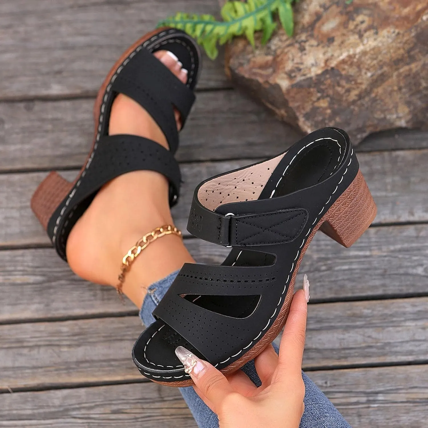 ZSpzx Summer Sandals For Women 2025,Women's Heeled Open Toe Slip On Block Womens Chunky Mid Heels Slippers Low Backless Mules Slide Ankle Strap Sandal Casual Comfortable Adjustable Walking Shoes