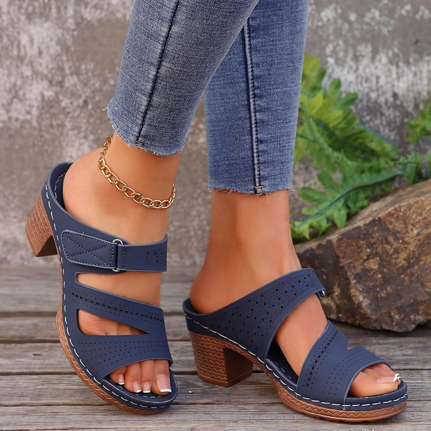 ZSpzx Summer Sandals For Women 2025,Women's Heeled Open Toe Slip On Block Womens Chunky Mid Heels Slippers Low Backless Mules Slide Ankle Strap Sandal Casual Comfortable Adjustable Walking Shoes