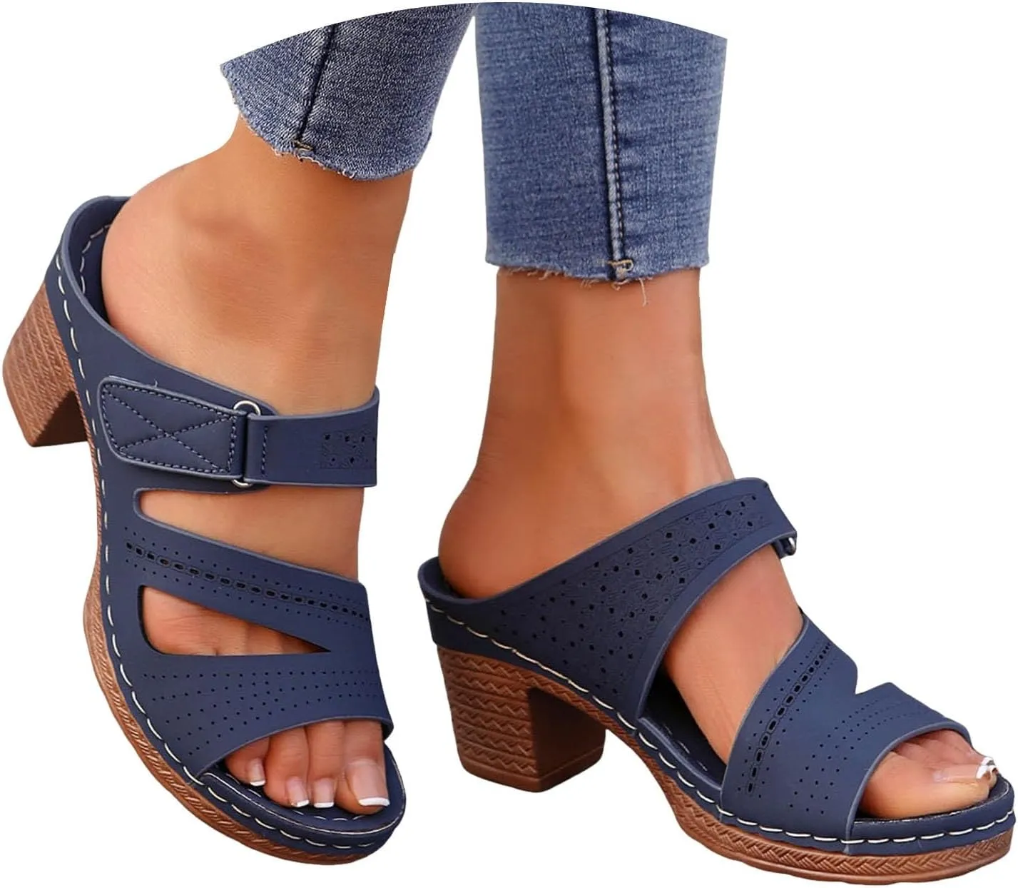 ZSpzx Summer Sandals For Women 2025,Women's Heeled Open Toe Slip On Block Womens Chunky Mid Heels Slippers Low Backless Mules Slide Ankle Strap Sandal Casual Comfortable Adjustable Walking Shoes