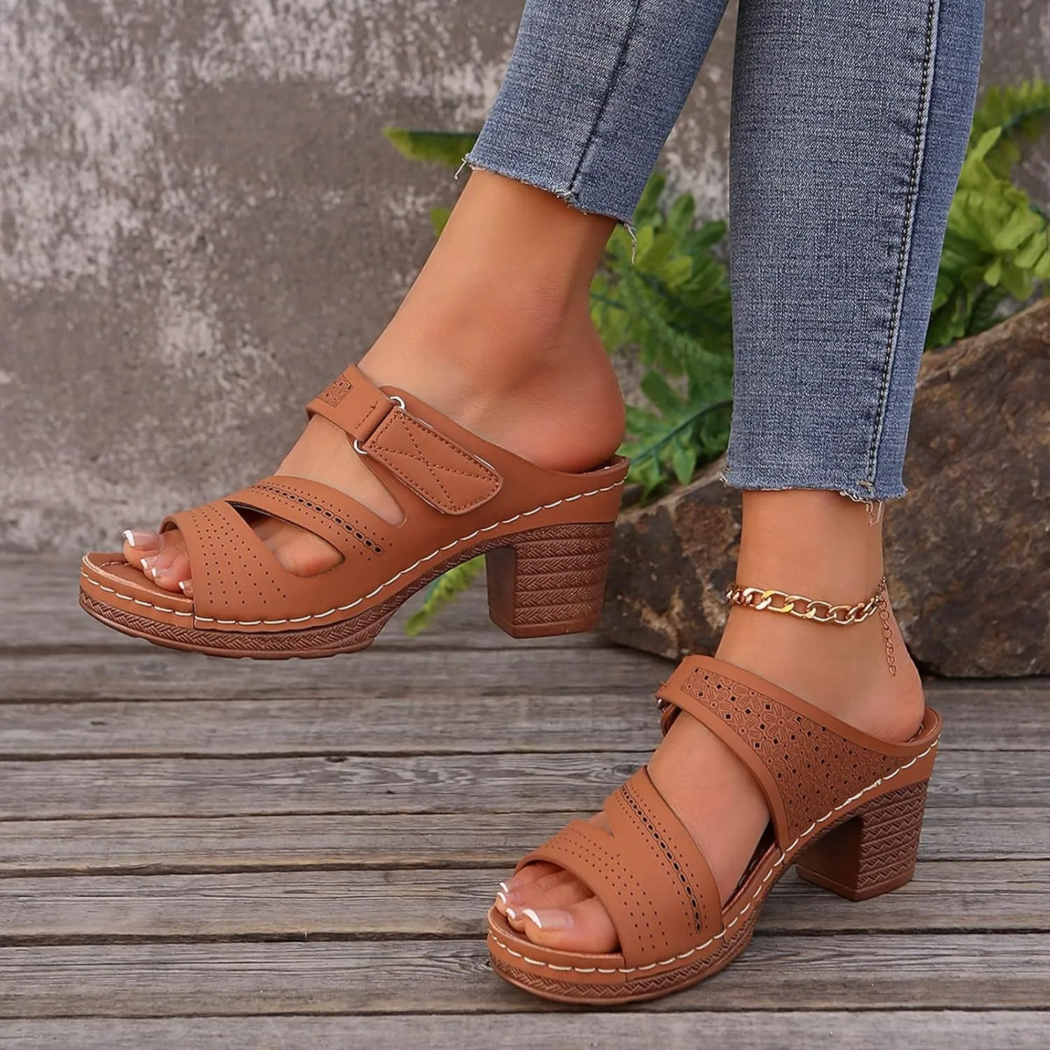 ZSpzx Summer Sandals For Women 2025,Women's Heeled Open Toe Slip On Block Womens Chunky Mid Heels Slippers Low Backless Mules Slide Ankle Strap Sandal Casual Comfortable Adjustable Walking Shoes