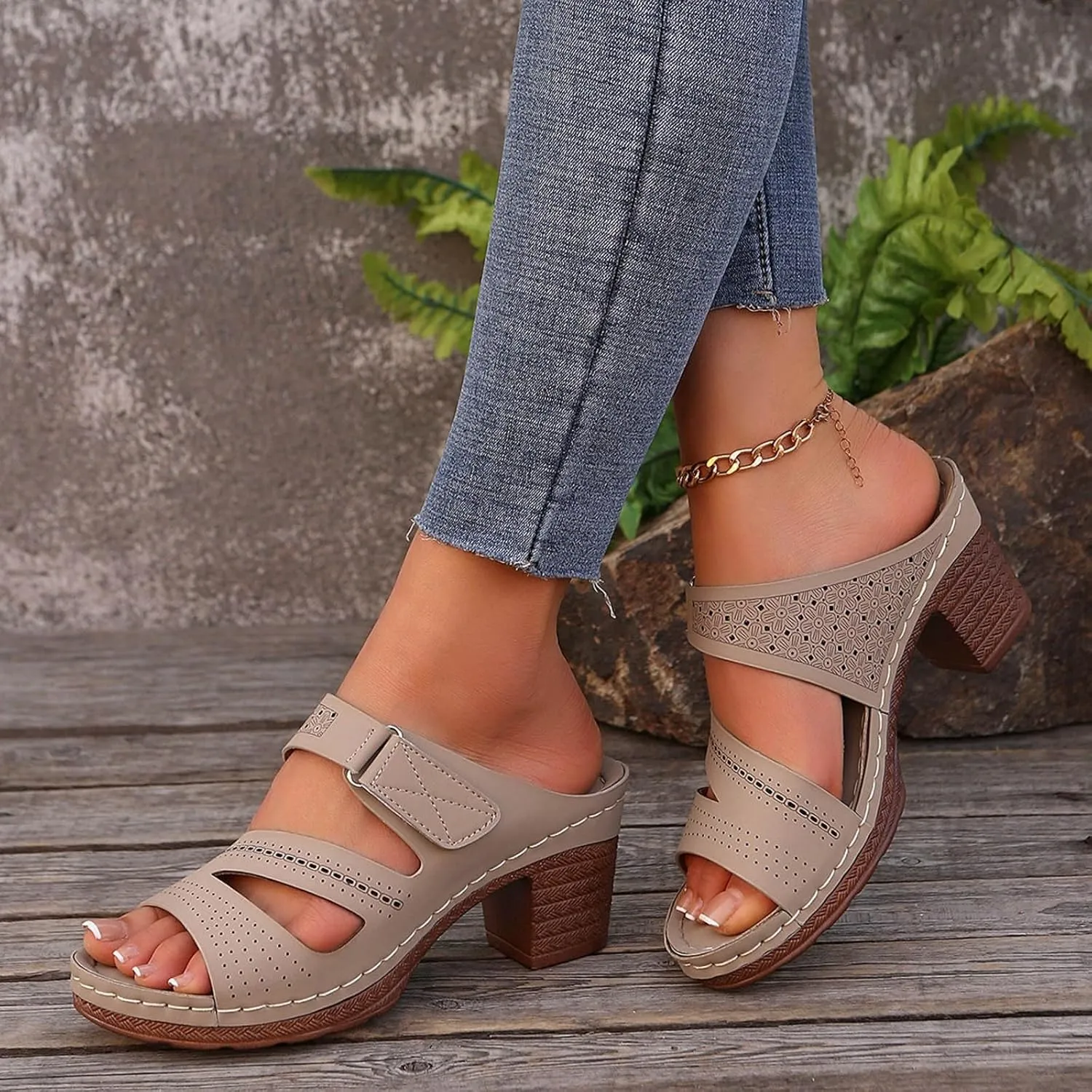 ZSpzx Women's Heeled Sandals Open Toe Slip On Block Womens Chunky Mid Heels Ankle Strap Sandal Slippers Casual Comfortable Summer Backless Mules Adjustable Slide Walking Shoes