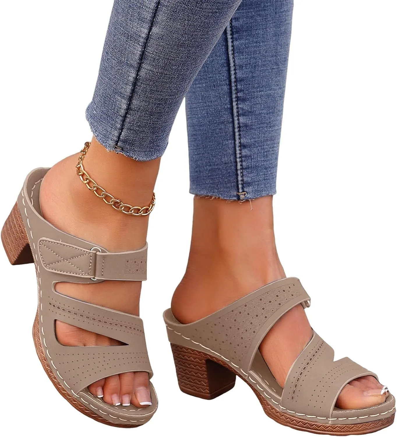 ZSpzx Women's Heeled Sandals Open Toe Slip On Block Womens Chunky Mid Heels Ankle Strap Sandal Slippers Casual Comfortable Summer Backless Mules Adjustable Slide Walking Shoes