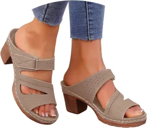 ZSpzx Women's Heeled Sandals Open Toe Slip On Block Womens Chunky Mid Heels Ankle Strap Sandal Slippers Casual Comfortable Summer Backless Mules Adjustable Slide Walking Shoes