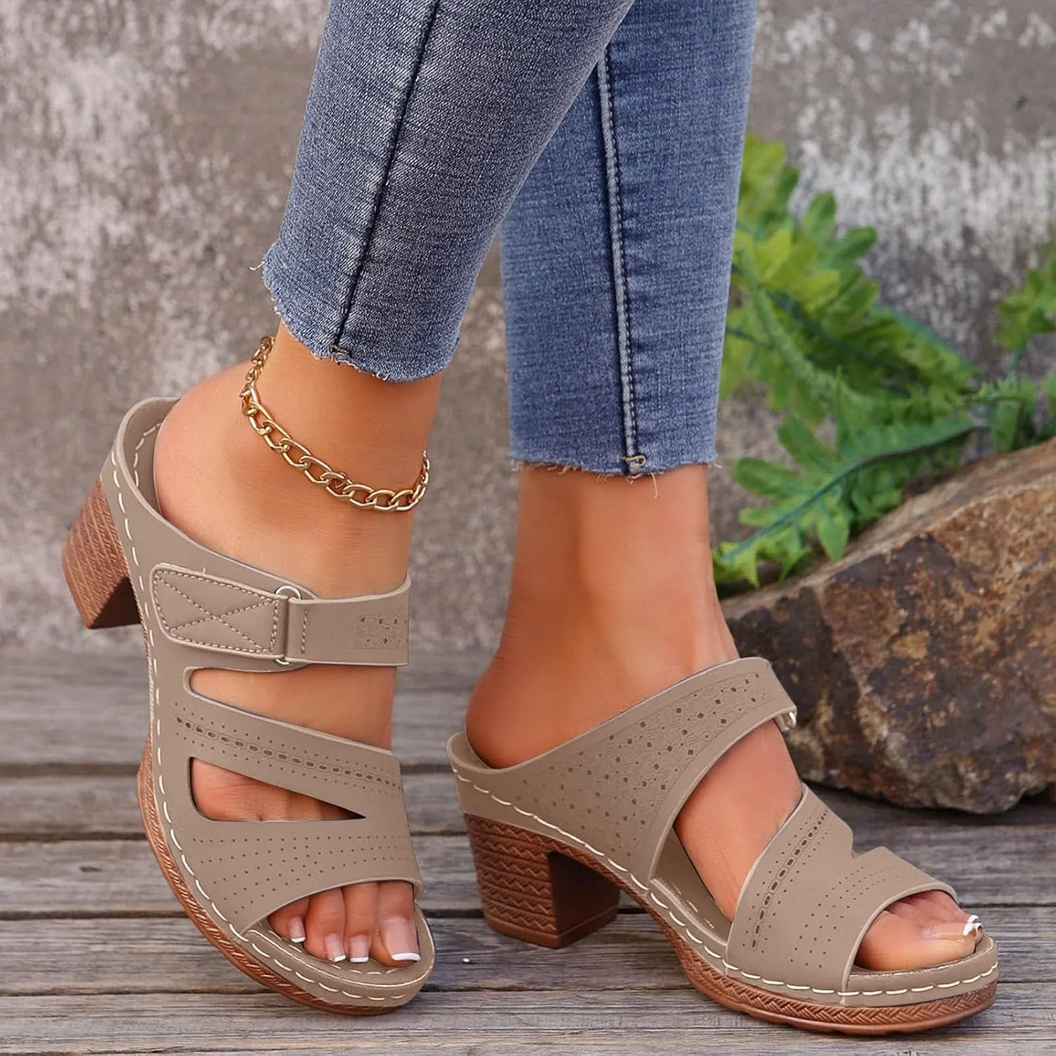 ZSpzx Women's Heeled Sandals Open Toe Slip On Block Womens Chunky Mid Heels Ankle Strap Sandal Slippers Casual Comfortable Summer Backless Mules Adjustable Slide Walking Shoes