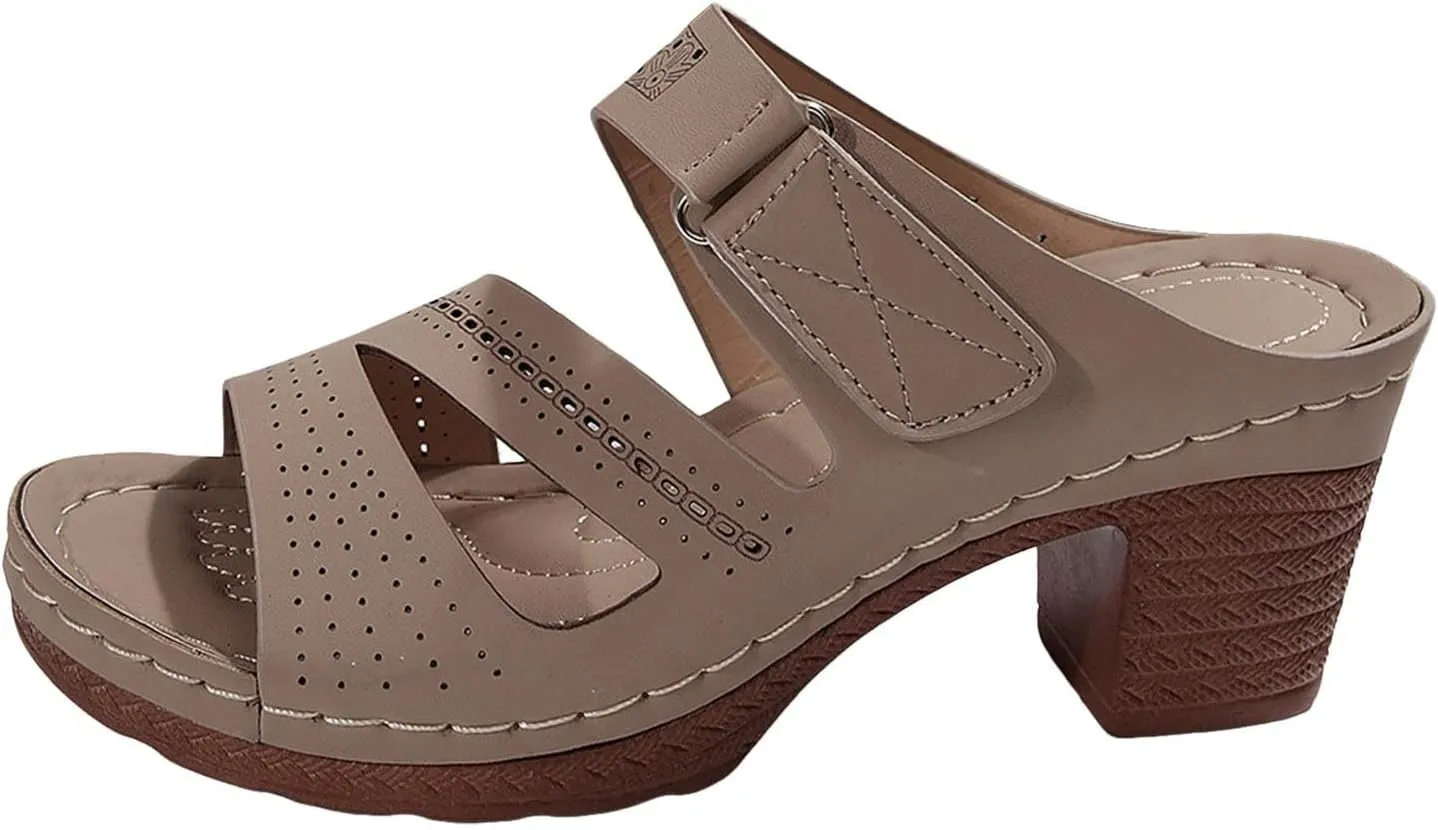 ZSpzx Women's Heeled Sandals Open Toe Slip On Block Womens Chunky Mid Heels Ankle Strap Sandal Slippers Casual Comfortable Summer Backless Mules Adjustable Slide Walking Shoes