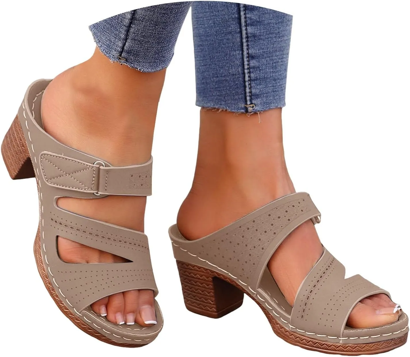 ZSpzx Women's Heeled Sandals Open Toe Slip On Block Womens Chunky Mid Heels Ankle Strap Sandal Slippers Casual Comfortable Summer Backless Mules Adjustable Slide Walking Shoes