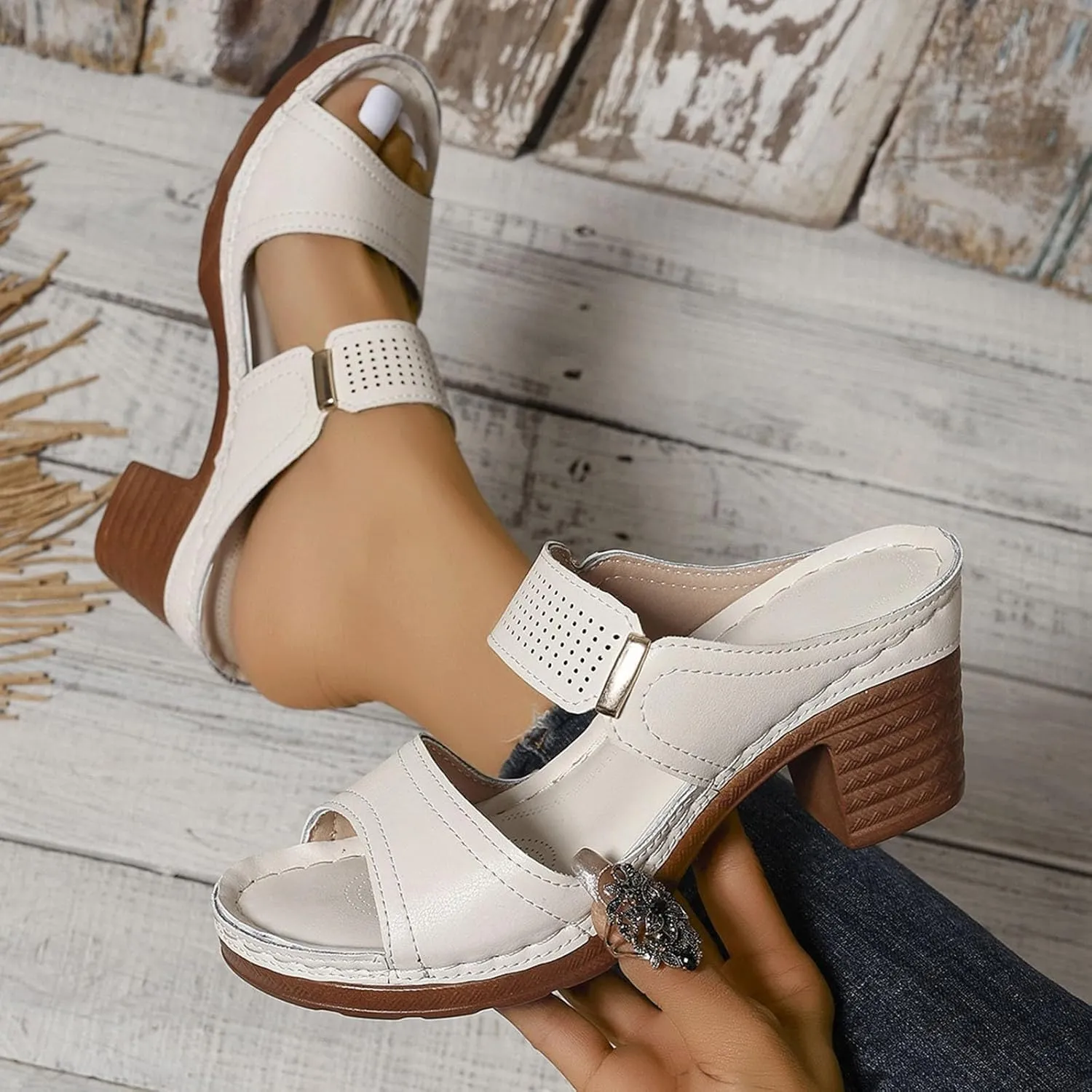 ZSpzx Women's Heeled Sandals Two Strap Open Toe Mid Ankle Sandal Comfortable Casual Slippers Low Block Chunky Heels Slip On Womens Summer Backless Mules Slide Walking Shoes for Daily Wear