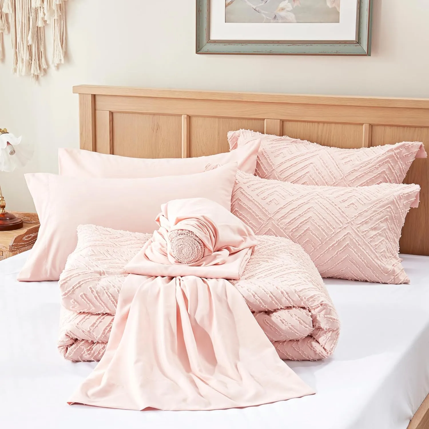Zzlpp Twin Comforter Set 5 Pieces, Pink Tufted Bed in a Bag with Comforter and Pillowcase, All Season Boho Bedding Sets with 1 Comforter, 1 Pillow Sham, 1 Flat Sheet, 1 Fitted Sheet