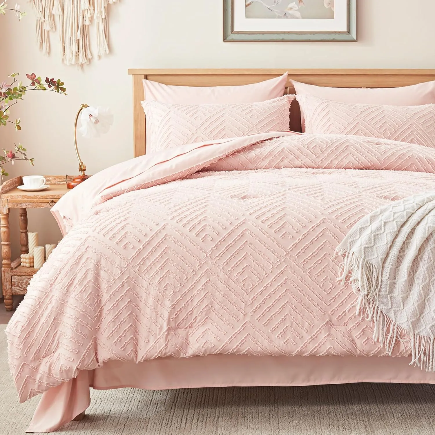 Zzlpp Twin Comforter Set 5 Pieces, Pink Tufted Bed in a Bag with Comforter and Pillowcase, All Season Boho Bedding Sets with 1 Comforter, 1 Pillow Sham, 1 Flat Sheet, 1 Fitted Sheet